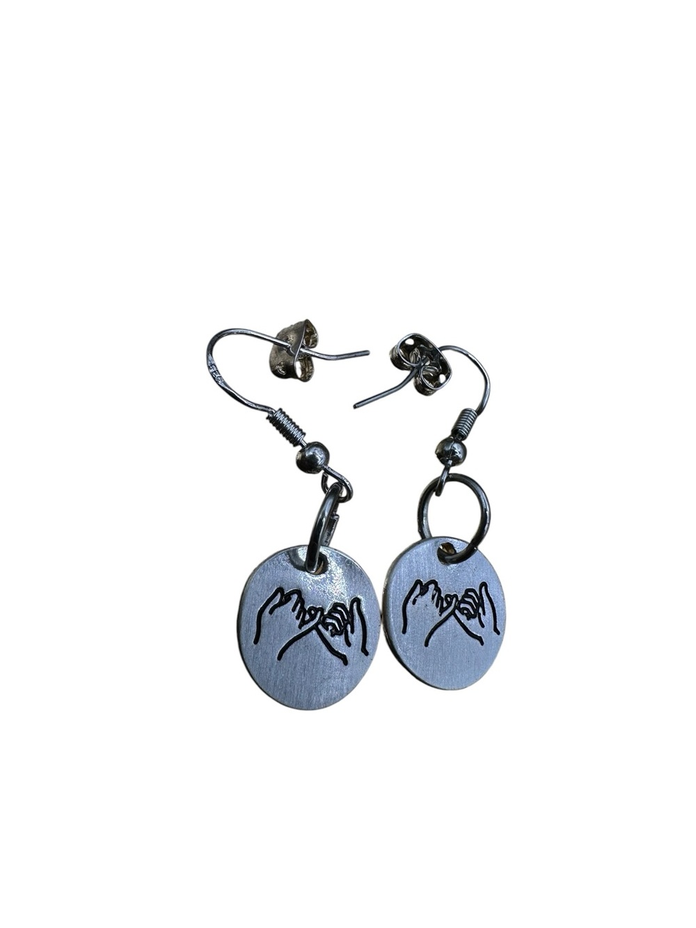 Silver Pinky Promise Dangle Earrings with Engraved Hands
